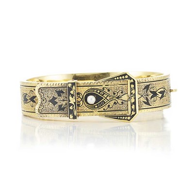 Lot 402 - Antique Gold, Enamel and Split Pearl Buckle Bangle Bracelet