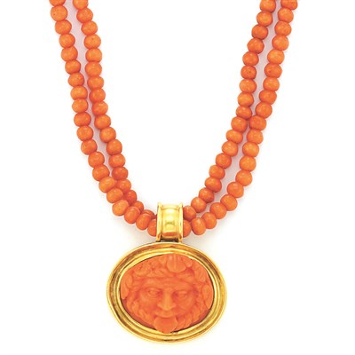 Lot 7 - Double Strand Coral Bead Necklace with Gold and Coral Cameo Pendant
