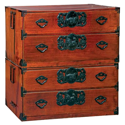 Lot 1005 - Asian Iron Mounted Softwood Two-Part Tansu...