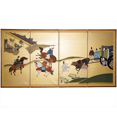Lot 1044 - Japanese Painted Silk Four-Panel Screen Height...