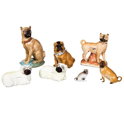 Lot 1166 - Group of Seven Ceramic Pug Figures and Boxes...