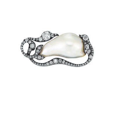 Lot 518 - Antique Russian Silver, Gold, Diamond and Natural Blister Pearl Brooch