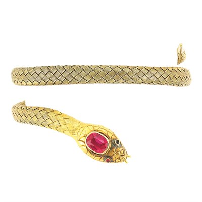 Lot 630 - Antique Woven Gold and Synthetic Ruby Snake Bracelet