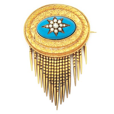 Lot 721 - Antique Gold and Split Pearl Brooch and Earrings and Gold and Turquoise Enamel Fringe Brooch