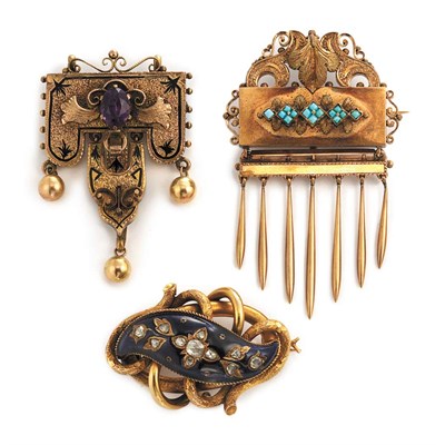 Lot 405 - Three Antique Gold, Enamel, Diamond, Amethyst & Turquoise Brooches