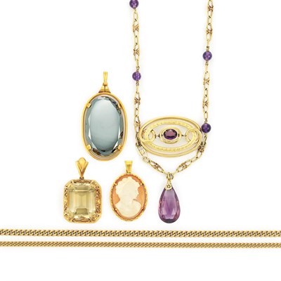 Lot 90 - Gold Chain Necklace and Bracelet, Amethyst Necklace and Three Pendants