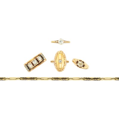 Lot 864 - Four Gold and Diamond Rings and Watch Chain