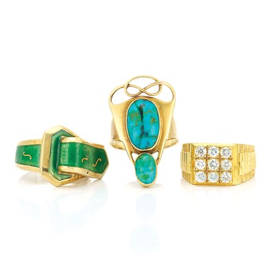 Lot 829 - Three Gold, Diamond, Turquoise and Enamel Rings