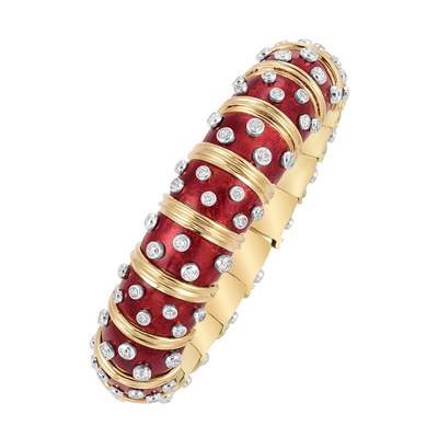 Lot 492 - Gold, Platinum, Red Enamel and Diamond Bangle Bracelet, Tiffany & Co., Schlumberger