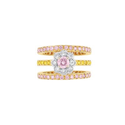 Lot 264 - Gold, Pink and Yellow Diamond and Diamond Band Ring