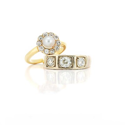 Lot 407 - Gold, Pearl and Diamond Ring and Three Stone Diamond Ring