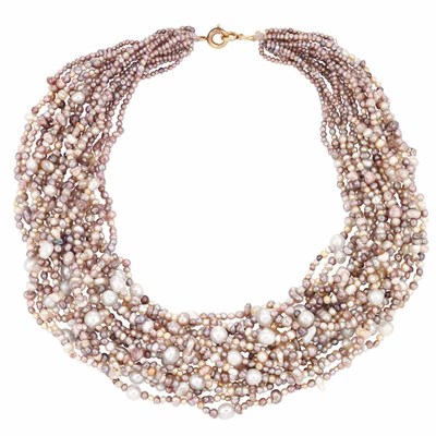 Lot 274 - Fifteen Strand Natural Pink and White Semi-Baroque Pearl Torsade Necklace