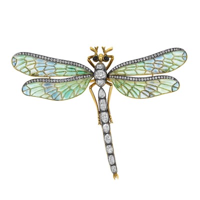 Lot 516 - Art Nouveau Plique-a-Jour and Diamond Dragonfly Brooch