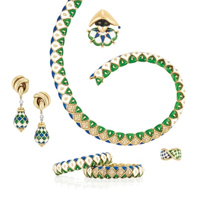 Lot 450 - Suite of Gold, Enamel and Diamond Jewelry, Mauboussin