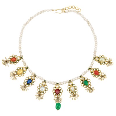 Lot 377 - Indian Gold, Pearl, Foiled-Back Multicolored Stone, Emerald Bead and Jaipur Enamel Fringe Necklace