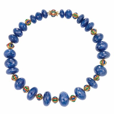 Lot 374 - Sapphire Bead, Gold and Enamel Bead Necklace