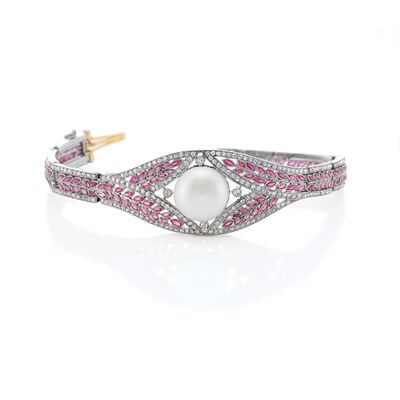 Lot 521 - Platinum, Pearl, Ruby and Diamond Bracelet