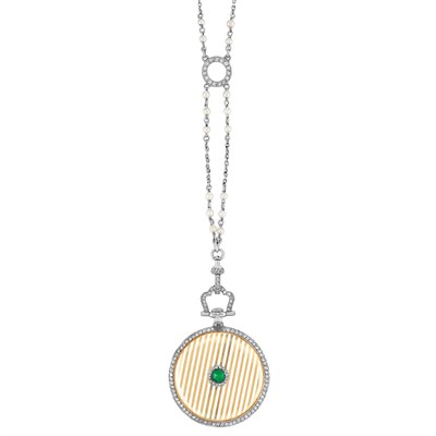 Lot 539 - Art Deco Long Platinum, Seed Pearl and Diamond Chain with Gold, Platinum, White Enamel, Diamond and Emerald Pendant-Watch, Cartier