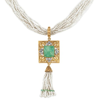 Lot 170 - Multistrand Seed Pearl, Gold, Carved Emerald and Diamond Tassel Pendant-Necklace