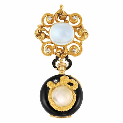 Lot 503 - Antique Gold, Moonstone, Diamond and Black Enamel Lapel Watch