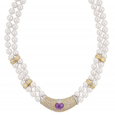 Lot 143 - Double Strand Cultured Pearl, Gold, Diamond and Cabochon Amethyst Necklace