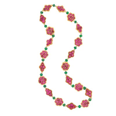 Lot 379 - Indian Gold, Ruby and Emerald Bead Necklace
