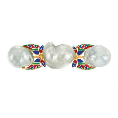 Lot 344 - Egyptian Revival Style Gold, Baroque Cultured Pearl and Enamel Brooch
