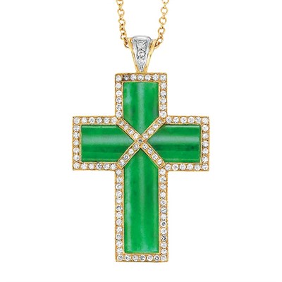 Lot 130 - Gold, Jade and Diamond Cross Pendant with Chain