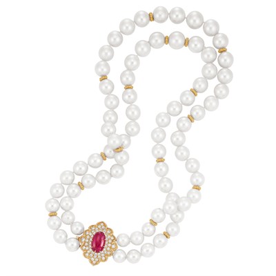 Lot 463 - Double Strand Cultured Pearl and Gold Bead Necklace with Gold, Cabochon Ruby and Diamond Clasp, Van Cleef & Arpels