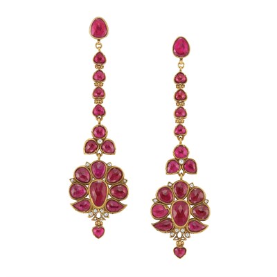 Lot 380 - Pair of Indian Gold and Foiled-Back Ruby Pendant-Earrings