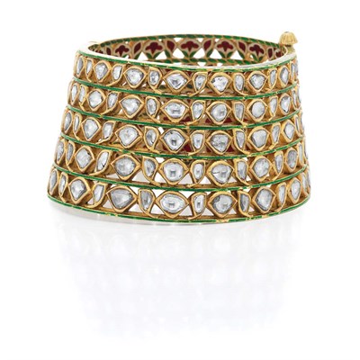 Lot 378 - Indian Gold, Foiled-Back Diamond and Jaipur Enamel Cuff Bangle Bracelet
