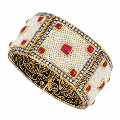 Lot 376 - Indian Gold, Seed Pearl, Foiled-Back Ruby, Diamond and Enamel Cuff Bangle Bracelet