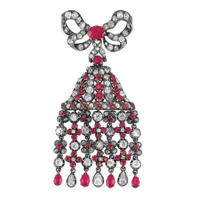 Lot 509 - Antique Silver, Gold, Ruby and Diamond Bow Fringe Brooch