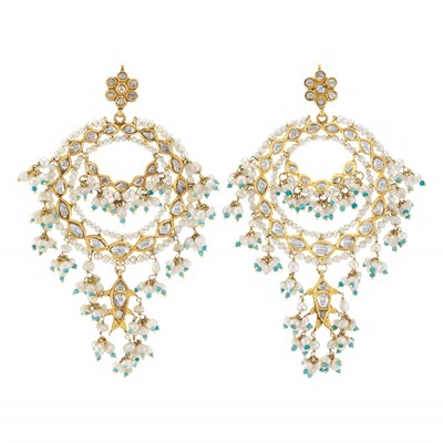 Lot 356 - Pair of Indian Gold, Pearl, Foiled-Back Diamond and Turquoise Glass Bead Pendant-Earrings