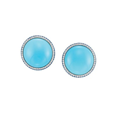 Lot 153 - Pair of White Gold, Turquoise, Diamond and Sapphire Earrings
