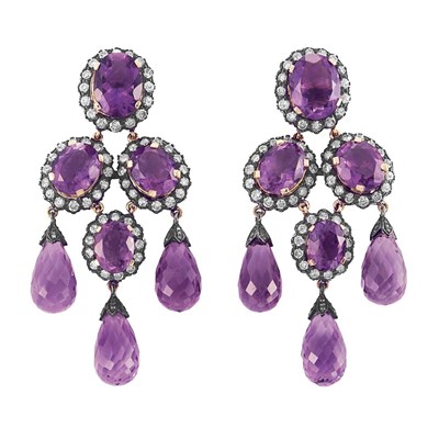 Lot 266 - Pair of Amethyst and Diamond Girandole Earrings