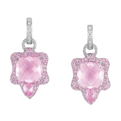 Lot 419 - Pair of White Gold, Kunzite, Pink Sapphire and Diamond Pendant-Earrings