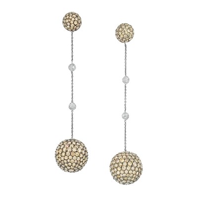 Lot 269 - Pair of Blackened Gold, White Gold, Diamond and Brown Diamond Pendant-Earrings