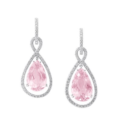 Lot 148 - Pair of White Gold, Kunzite and Diamond Pendant-Earrings