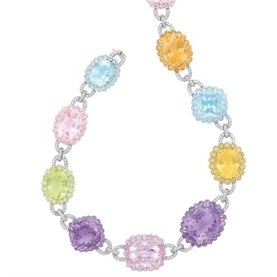 Lot 420 - White Gold, Multicolored Colored Stone and Diamond Necklace