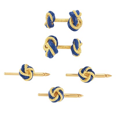 Lot 215 - Gold and Royal Blue Enamel Love Knot Dress Set, Tiffany & Co.