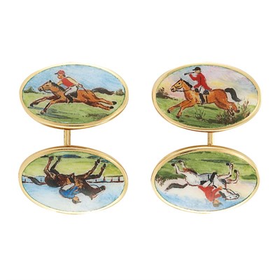 Lot 214 - Pair of Gold and Enamel Equestrian Cufflinks