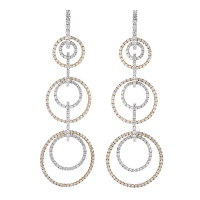 Lot 263 - Pair of Two-Color Gold and Diamond Pendant-Earrings