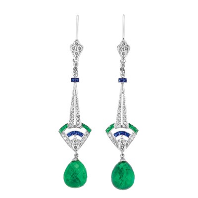 Lot 48 - Pair of Platinum, Diamond, Sapphire, Emerald and Emerald Briolette Pendant-Earrings