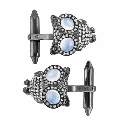 Lot 212 - Pair of Blackened Gold, Diamond and Moonstone Owl Cufflinks