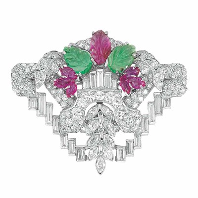 Lot 548 - Art Deco Diamond and Carved Ruby and Emerald Tutti Frutti Brooch