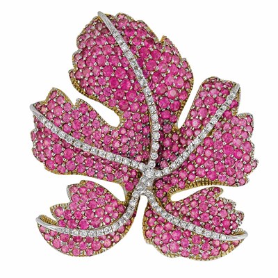 Lot 152 - Pink Sapphire and Diamond Leaf Clip-Brooch, David Morris