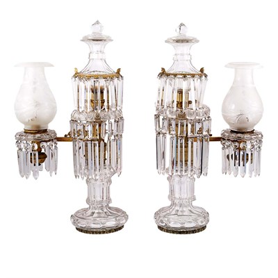 Lot 279 - Pair of Brass Mounted Cut Glass Argand Lamps...