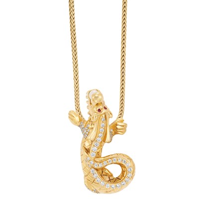 Lot 18 - Gold, Diamond and Cultured Pearl Dragon Pendant with Herringbone Link Chain, Montblanc