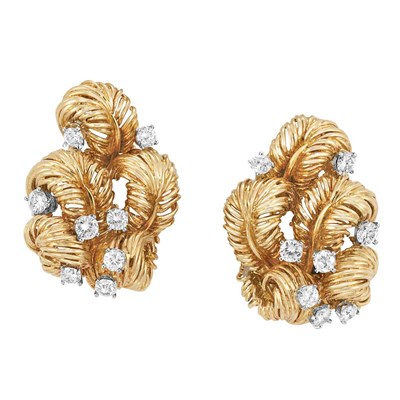 Lot 197 - Pair of Gold and Diamond Leaf Earclips